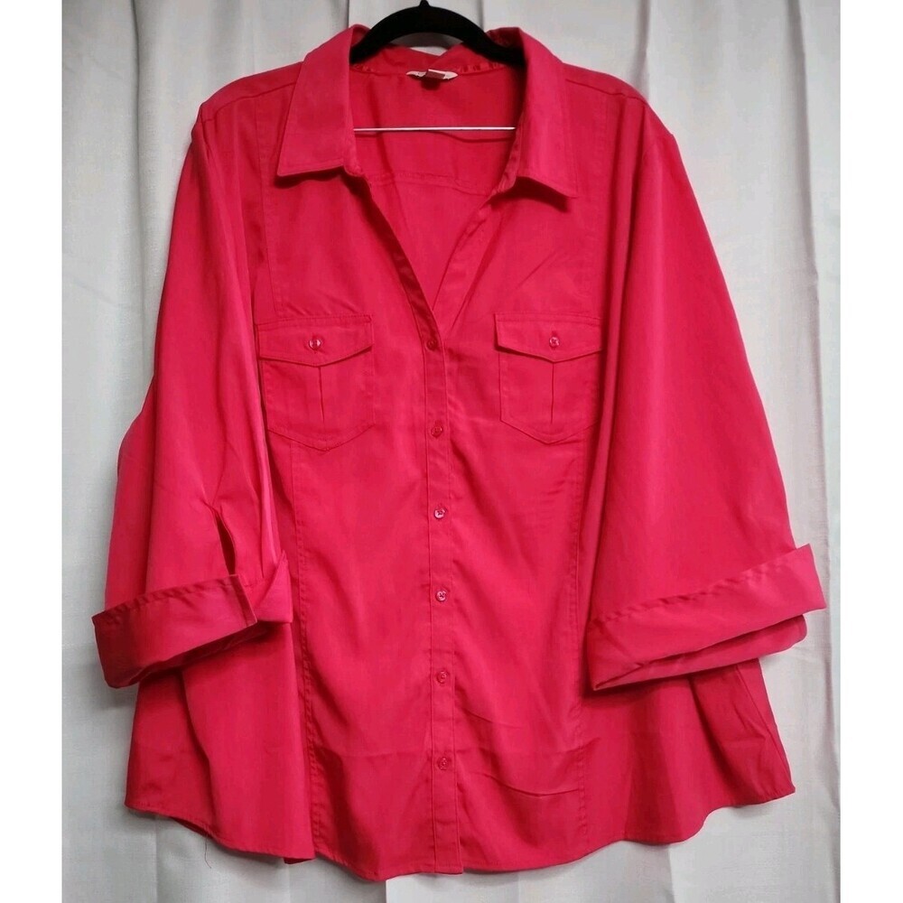 CATO Blouse Women's Plus Size 26/28  PINK Sateen Button Down Cuff 3/4 Sleeve
